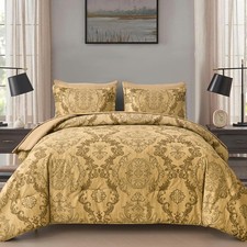Gold Comforter Set King Size Damask Texture Design 7 Pieces Bed in a Bag