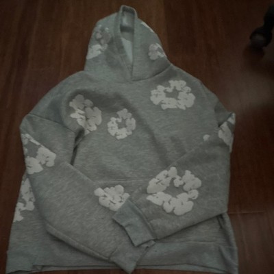DENIM TEARS Men s Gray Fleece Pullover Hoodie White Graphic Print Size S