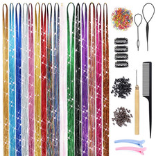 Hair Tinsel 16 Colors 3200 Strands Glitter Tinsel Hair Extensions Kit with Tools