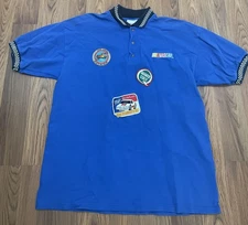 NASCAR Shirt Polo Mens Large Blue Racing Quaker State Miller High Life Patches