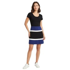 Anne Klein Women Black Blue White Colorblock Stripe Fit Flare Dress Size Medium
