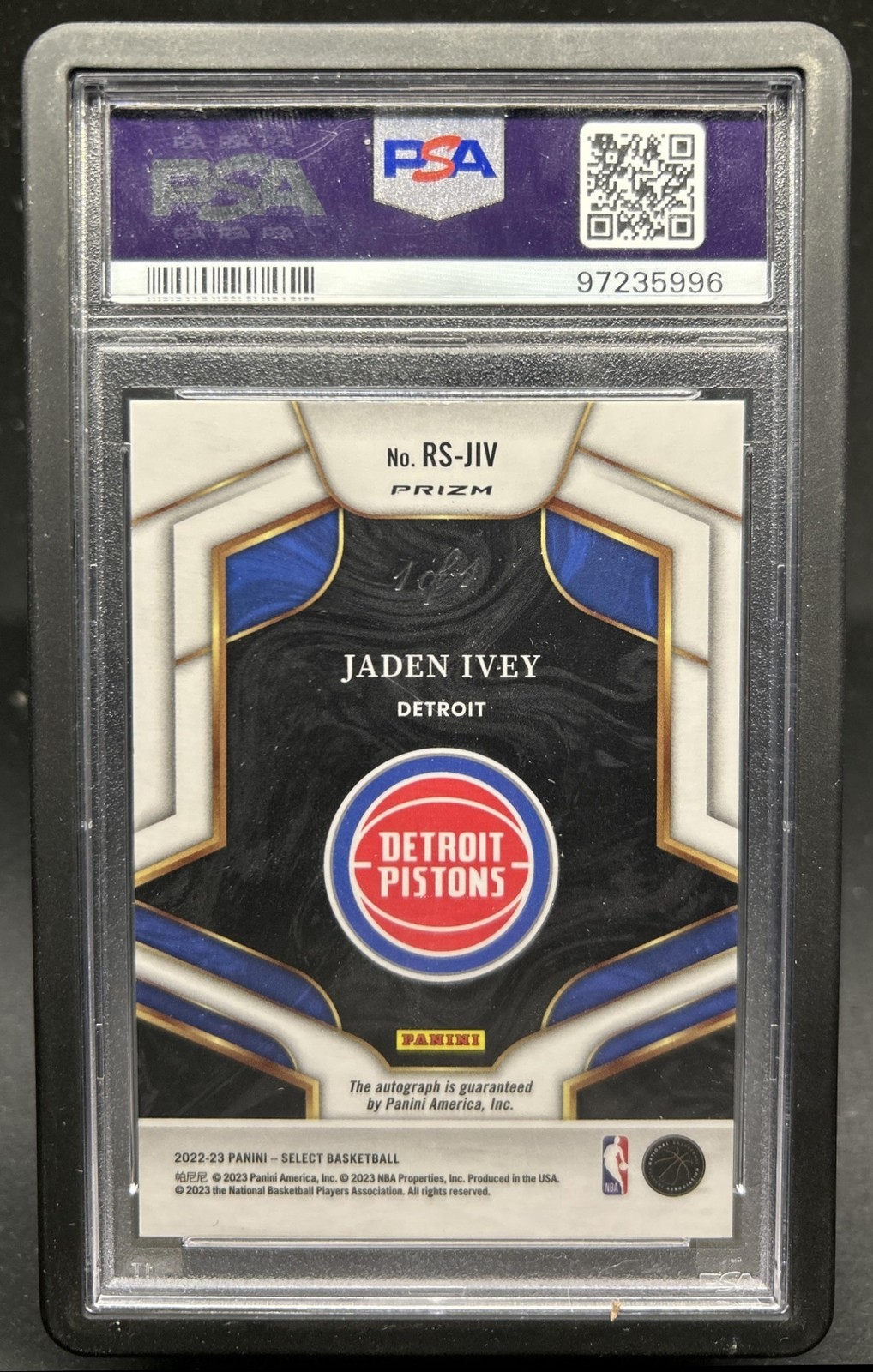 2022-23 Panini Prizm Jaden Ivey Rookie RC Prizm Black Auto #1/1 Pistons PSA 7 view 2