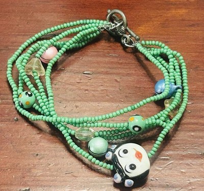 Handmade Multi Strand Green Seed Head Bracelet Geisha Girl Ceramic Charm 15g 8 