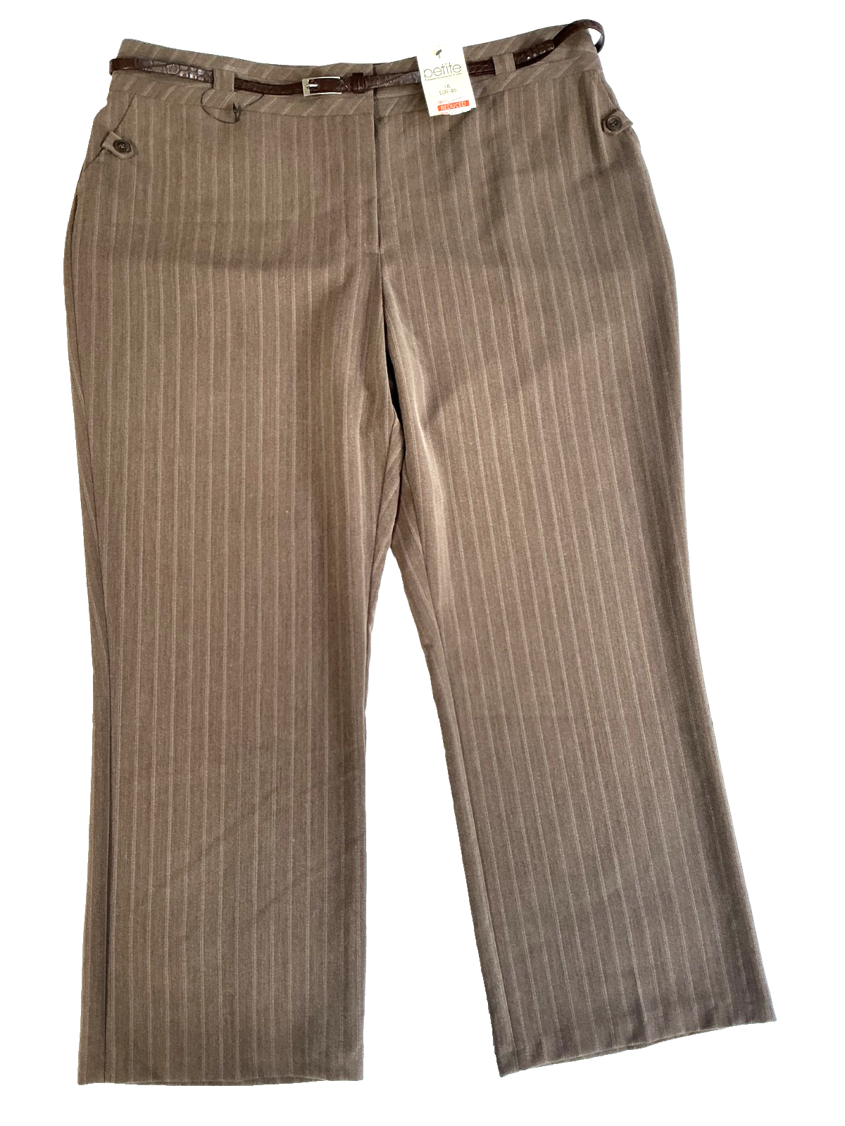 BHS Petite Mink Brown Brunswick Striped Trousers with Pockets & Belt BNWT