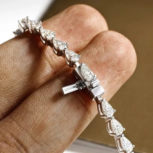 10Ct Pear Cut Lab Created Diamond Women's Tennis Bracelet 14K White Gold Plated - Picture 4 of 9