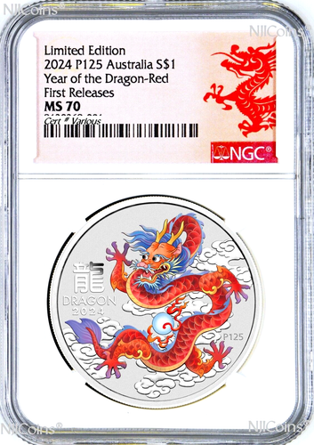 2024 Australia Silver Lunar Year of the Dragon NGC MS70 1oz $1 Coin P125 RED