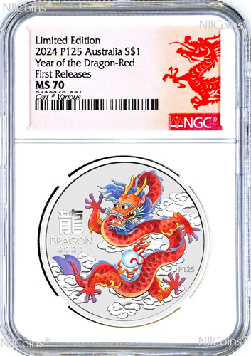 2024 Australia Silver Lunar Year of the Dragon NGC MS70 1oz $1 Coin P125 RED - Afbeelding 1 van 2