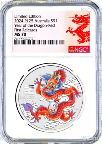 2024 Australia Silver Lunar Year of the Dragon NGC MS70 1oz $1 Coin P125 RED