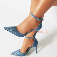 Bling Rhinestones Pointed Toe Party Pumps Womens High Heels Ankle Strap Shoes OL