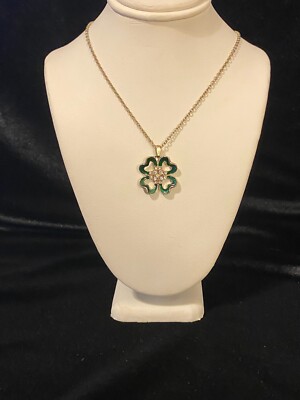 Silver Necklace Shamrock Clover Green Enamel Rhinestones Ireland Luck