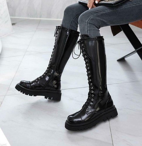 Mujeres Punk Cremallera Lateral Punta Redonda Con Cordones De La Rodilla Botas  Altas góticas Gladiador Zapatos | eBay