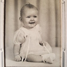 Antique Cabinet Card Cutest Happy Baby Girl Photo Adorable Curly Q Hair in Dress