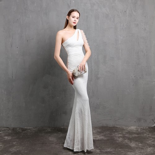 Formal Lady One Shoulder Sequins Evening Dress Slim Beading Sleeve Prom Bodycon  - Picture 1 of 24