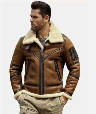 New Men's RAF Aviator Sheep Leather Jacket Coat B3 Bomber Wool  Pilot Flying