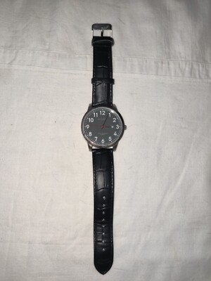 Men s Silver 1 1/2'' face Eclipse Watch Blacl leather band