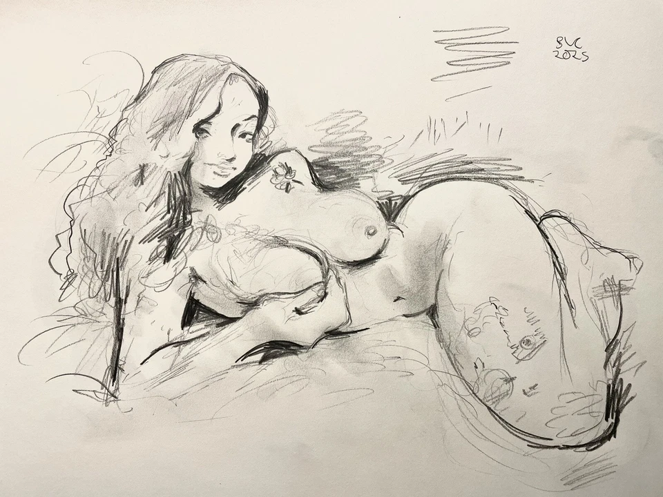 Papel de dibujo a lápiz figura tocador post-realista 14x17 original firmado BVC 2025 Foto 3 de 4