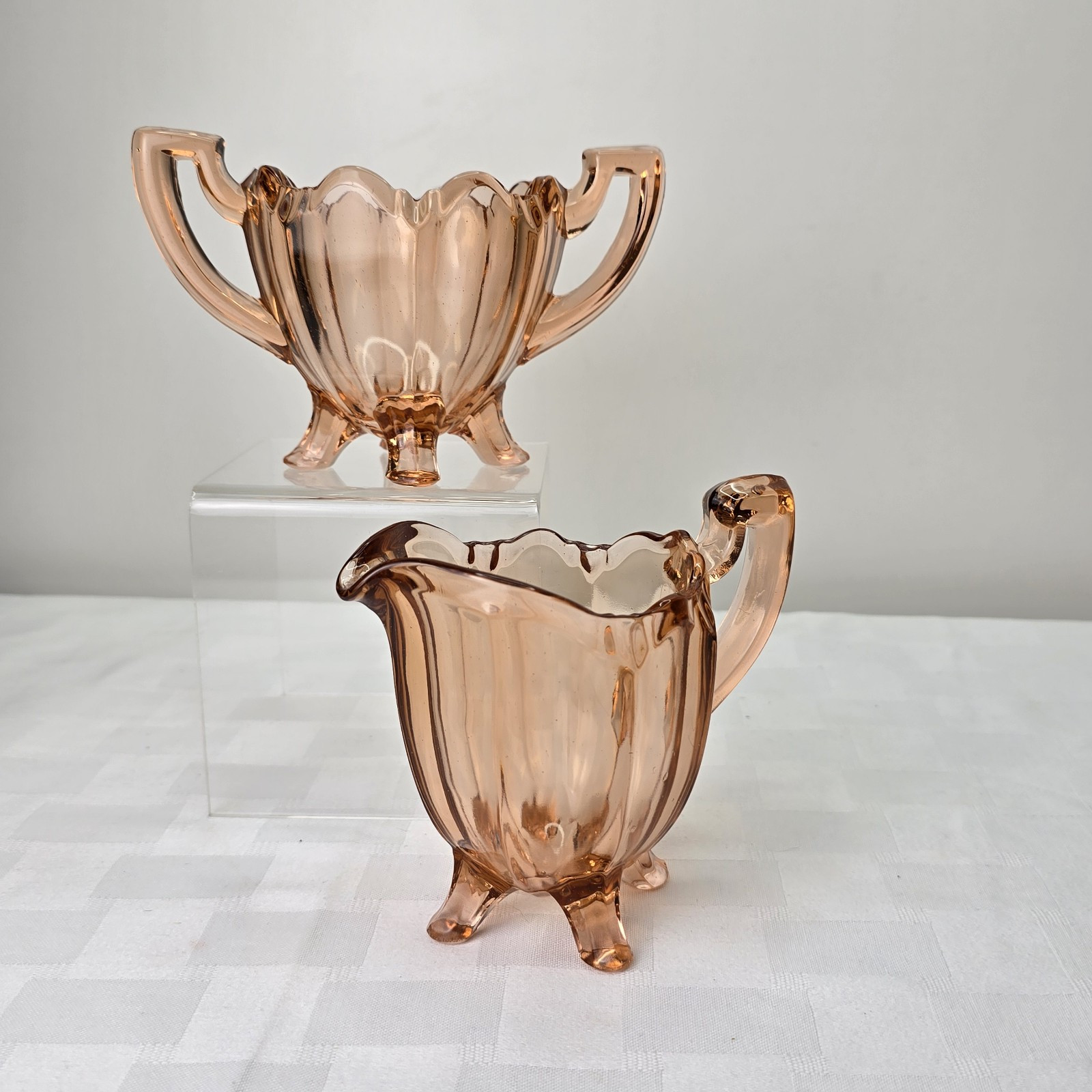 Vintage Indiana Glass Footed Creamer & Open Sugar, Peach/Pinkish Color Set of 2