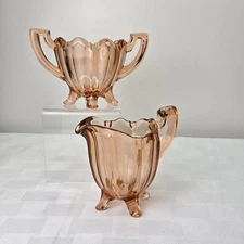 Vintage Indiana Glass Footed Creamer & Open Sugar, Peach/Pinkish Color Set of 2