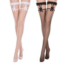 Thinp 2 Pcs Bow Fishnet Thigh High Stockings, Lace Top Fishnet Stockings Mesh