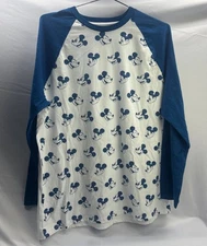 Disney 3/4 Sleeve Baseball Style Shirt All Over Mickey Mouse Mens 4L White Teal