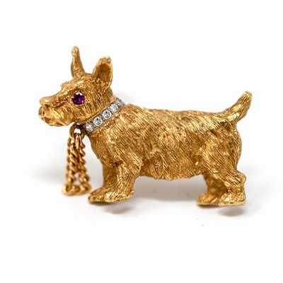 Vintage 18K Gold Scottie Dog Brooch Ruby Eye Diamond Collar Gold Figural