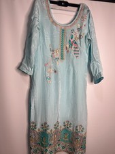 Light Blue Peacock Embroidered Kurta Set Women 2 Piece Indian Outfit Pants