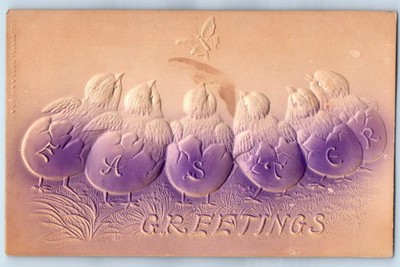 Easter Greetings Hatched Egg Chicks Butterfly Airbrushed Embossed Postcard