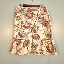 Oilily Floral Cotton Linen A-Line Skirt Pink Brown Poppy Side Button Size 40