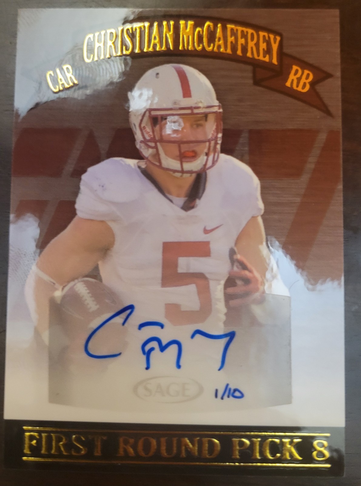 Christian McCaffrey Stanford Cardinal 2017 SAGE FIRST ROUND PICK 8 GOLD AUTO 1/10 Panthers, 49ers 
