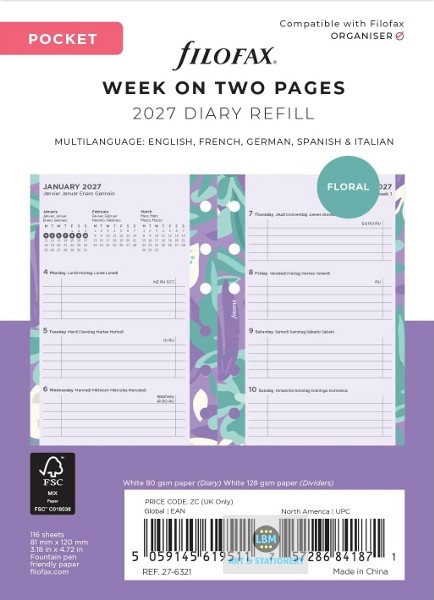 Filofax 2027 Pocket Week On Two Pages Illustrated Floral Diary Pack 6321