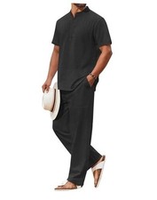 Men's 2 Piece Cotton Sets Casual Short Sleeve Henley Shirts and X-Large Black