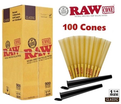 Authentic RAW Classic 1 1/4 Size Pre-Rolled Cones 100 Pack   2 Black Tubes