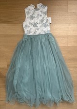 Speechless Kids White Aqua Silver Floral Long Dress Tulle Rhinestone Belt Sz10