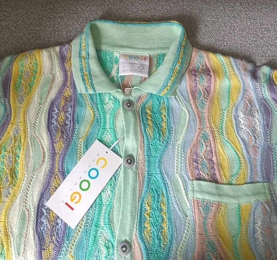 Vintage Coogi Sweater Men's L Multicolor Pastel Colorful Collar Button Up Biggie - Image 3 of 4