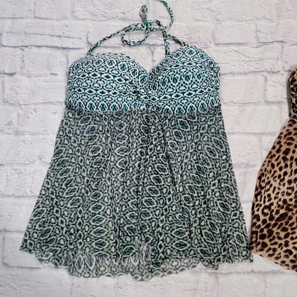 Merona Lot 2 sz Medium Tankini Swimsuit Tops Leopard Blue Swim Twist Flowy Sheer - Image 3 of 4