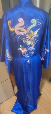 Yin Xing 100% Silk Blue Chinese Flowers Birds Embroidered Kimono Robe Long Large