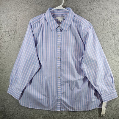 Foxcroft NYC Wrinkle Free Striped Button Down Shirt Blue Pink 22W Relaxed NEW