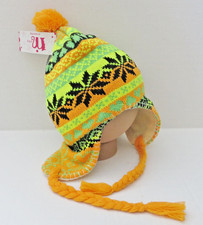 Kids Neon Knit Pom Pom Trapper Hat Lined Orange Braided Tassel Chin Ties