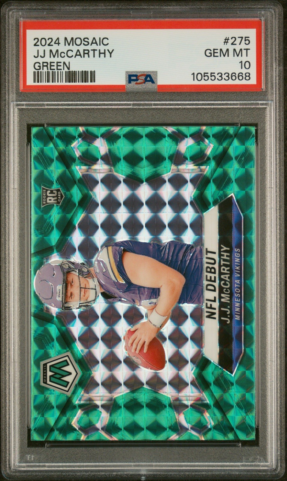 PSA 10 - 2024 Panini Mosaic JJ McCarthy Debut Green Mosaic Prizm RC #275 Vikings