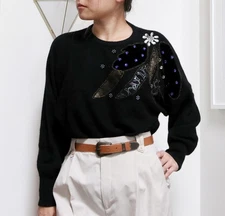 80s Black Angora & Wool Sweater w/ Abstract Asymmetric Applique Rhinestone