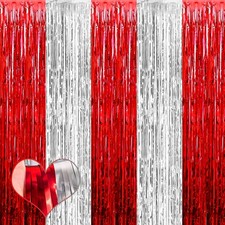 4 Pack 3.2 x 8.2 Ft Red Silver Fringe Curtain Backdrop Circus Decor