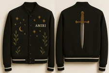 Amiri Black Varsity Jacket with Celestial & Dagger Embroidery – Luxury Streetwea