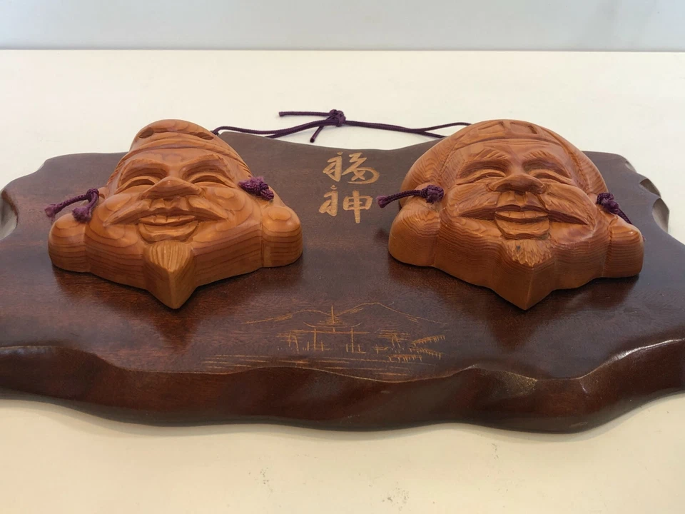 2 máscaras decorativas japonesas vintage talladas a mano en marco de madera Foto 2 de 4