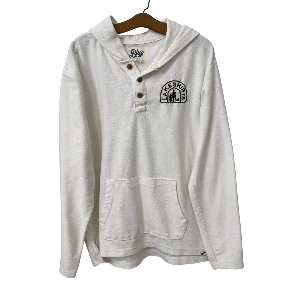 Blue 84 Lake Shirts Quarter Button Hoodie Mens Large Ivory Pullover Cotton  Blend