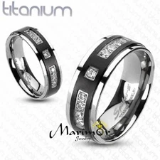 Solid Titanium Two-Tone Black IP Center Cubic Zirconia Wedding Band Size 5-13