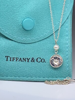 Tiffany & Co Silver Nature Rose Flower Pearl Pendant Necklace 16