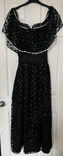 VINTAGE WINSLEY DRESS Black POLKA DOTT Silver FIT & FLARE SIZE 14 80S 70S MIDI