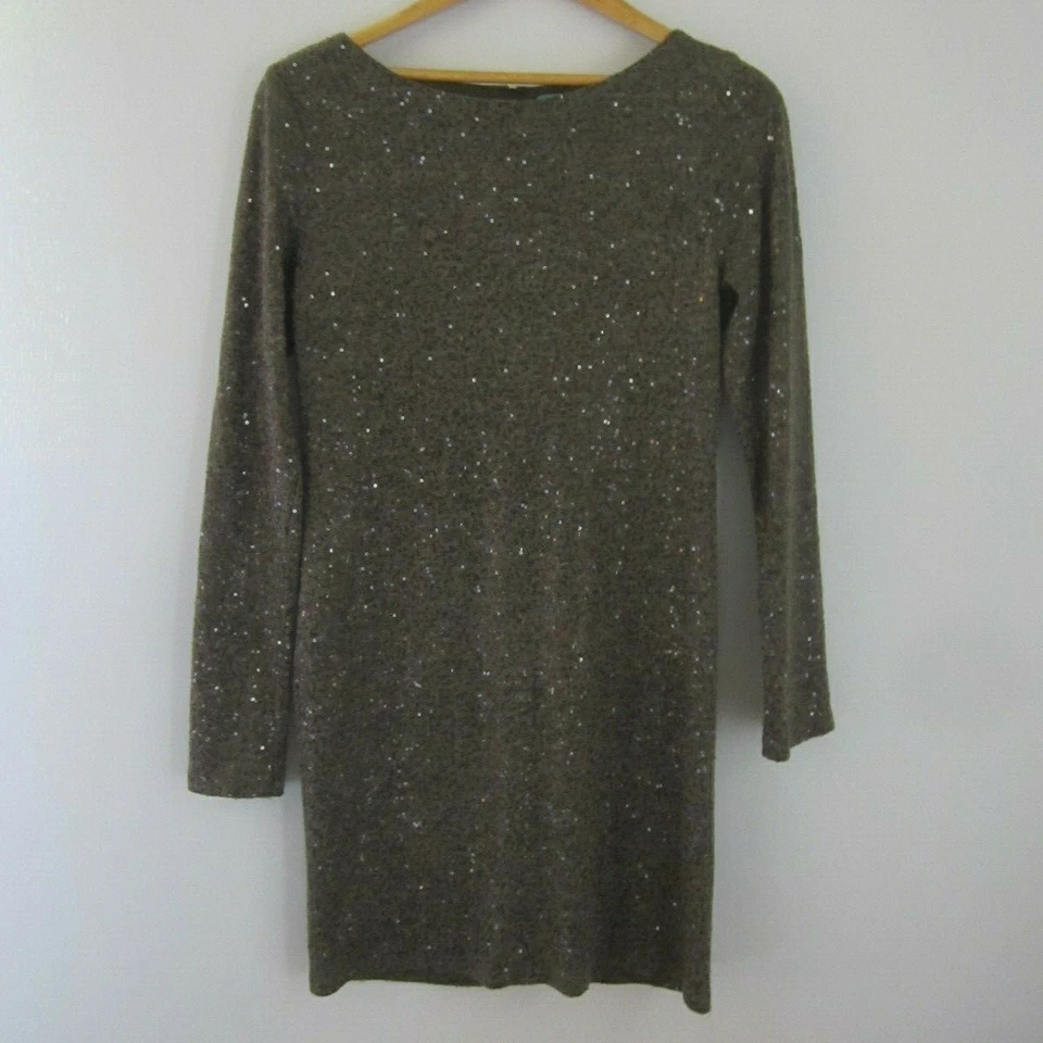 Alice and Olivia Womens L Taupe Gray Long Sleeve Sequined Knit Fitted Dress  - Image 3 of 4