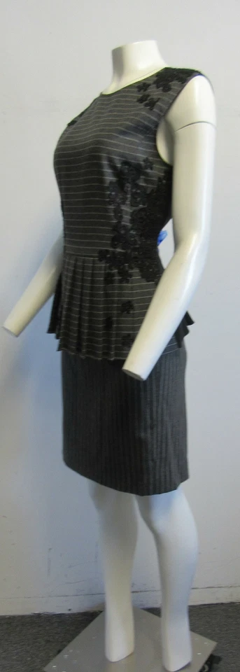 OSCAR DE LA RENTA Conjunto Top y Falda Plisada Lana Gris Rayas Talla 10/14 Foto 3 de 4