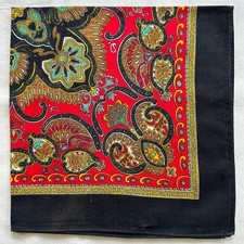 Vintage Bandana Paisley Floral Red Handkerchief Border Black Cotton Kerchief 20"